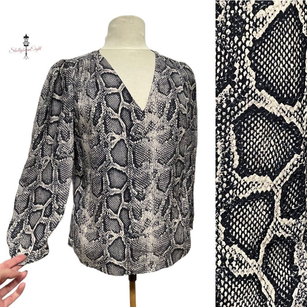 REBECCA TAYLOR Silk Python Snake Animal Print V Neck Top Blouse 3/4 Sleeve 4 S M
